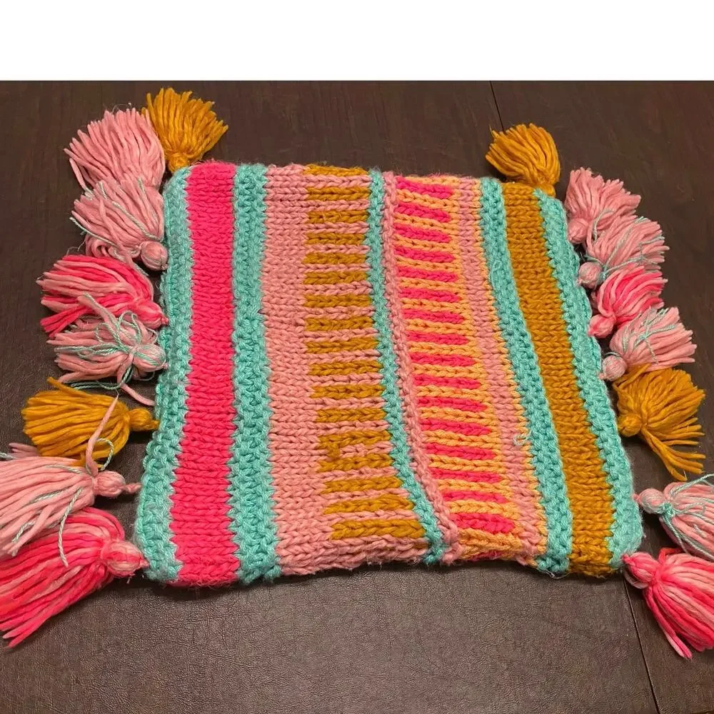 Knitted multicolored tasseled throw pillow cover 19x20 Hippie Boho Eclectic Fun